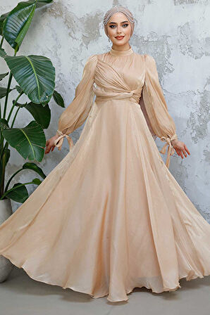 Drape Detaylı Bisküvi Tesettür Abiye Elbise 4823BS