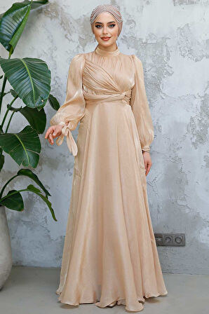 Drape Detaylı Bisküvi Tesettür Abiye Elbise 4823BS