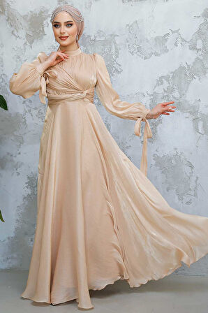 Drape Detaylı Bisküvi Tesettür Abiye Elbise 4823BS