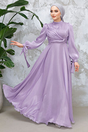 Drape Detaylı Lila Tesettür Abiye Elbise 4823LILA