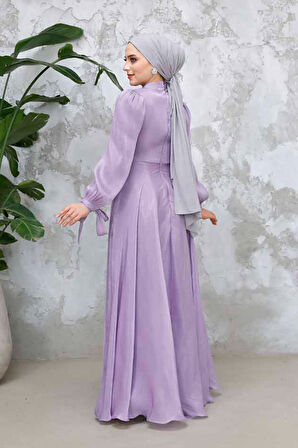 Drape Detaylı Lila Tesettür Abiye Elbise 4823LILA