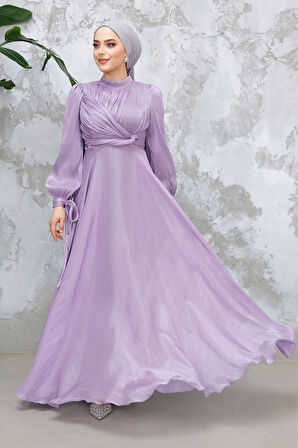 Drape Detaylı Lila Tesettür Abiye Elbise 4823LILA