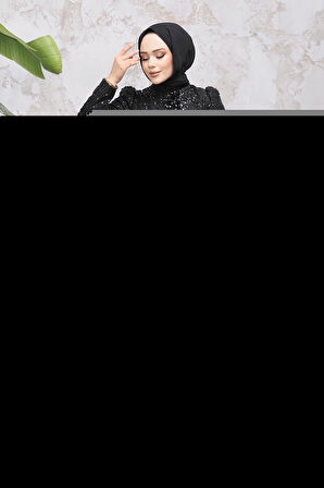 Boncuk İşlemeli Siyah Tesettür Abiye Elbise 50461S