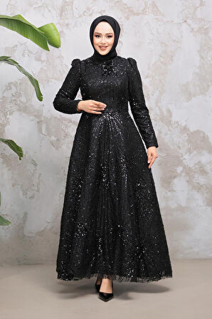 Boncuk İşlemeli Siyah Tesettür Abiye Elbise 50461S