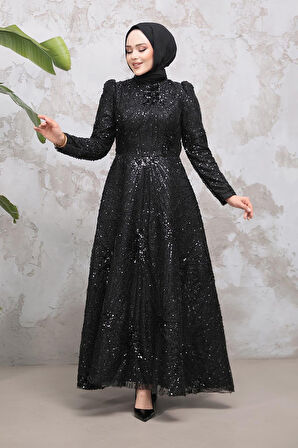 Boncuk İşlemeli Siyah Tesettür Abiye Elbise 50461S