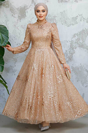 Boncuk İşlemeli Bisküvi Tesettür Abiye Elbise 50461BS