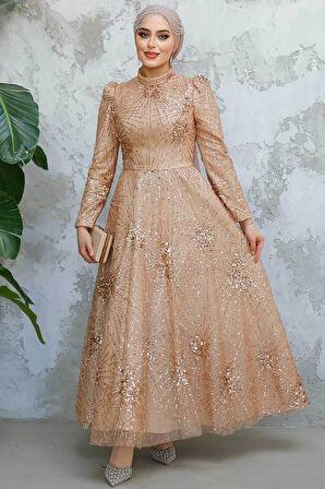 Boncuk İşlemeli Bisküvi Tesettür Abiye Elbise 50461BS