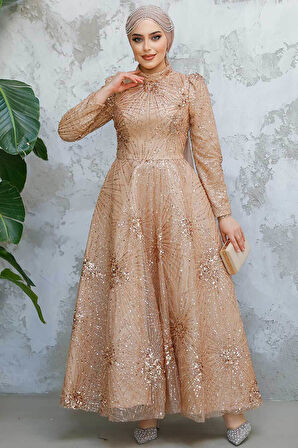 Boncuk İşlemeli Bisküvi Tesettür Abiye Elbise 50461BS