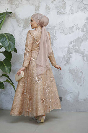 Boncuk İşlemeli Bisküvi Tesettür Abiye Elbise 50461BS