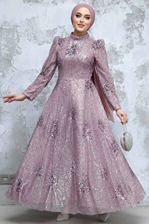 Boncuk İşlemeli Gül Kurusu Tesettür Abiye Elbise 50461GK