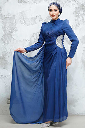 Drape Detaylı Lacivert Tesettür Abiye Elbise 4919L