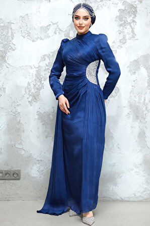 Drape Detaylı Lacivert Tesettür Abiye Elbise 4919L