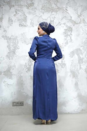 Drape Detaylı Lacivert Tesettür Abiye Elbise 4919L