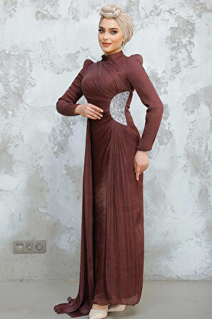 - Drape Detaylı Kahverengi Tesettür Abiye Elbise 4919KH