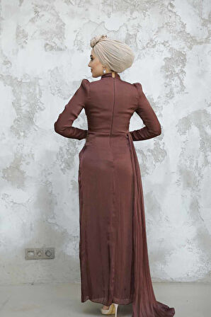 - Drape Detaylı Kahverengi Tesettür Abiye Elbise 4919KH