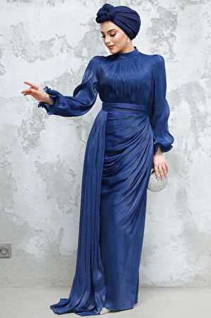 Drape Lacivert Tesettür Abiye Elbise 4934L