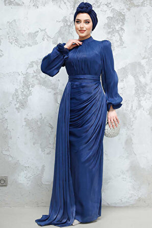 Drape Lacivert Tesettür Abiye Elbise 4934L