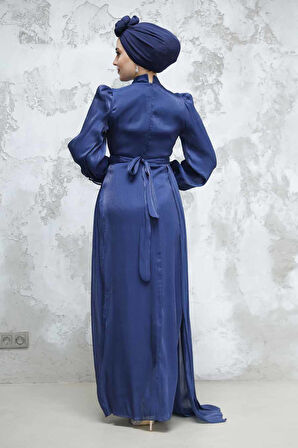 Drape Lacivert Tesettür Abiye Elbise 4934L