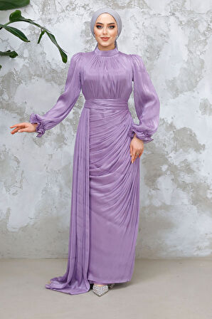 Drape Detaylı Lila Tesettür Abiye Elbise 4934LILA