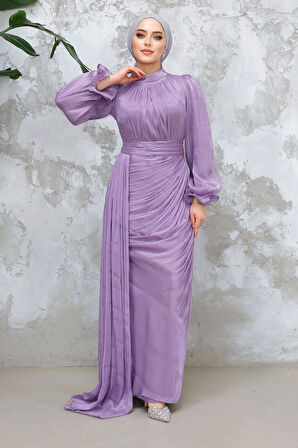 Drape Detaylı Lila Tesettür Abiye Elbise 4934LILA