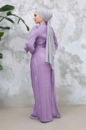 Drape Detaylı Lila Tesettür Abiye Elbise 4934LILA