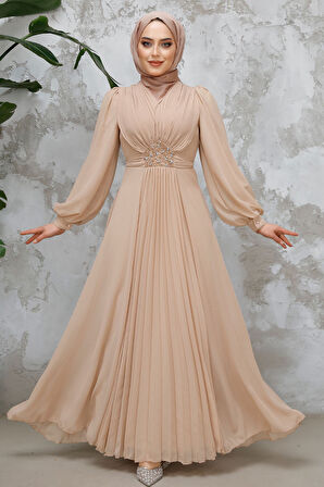 Drape Detaylı Bej Tesettür Abiye Elbise 4448BEJ