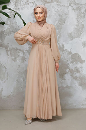 Drape Detaylı Bej Tesettür Abiye Elbise 4448BEJ