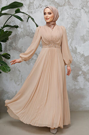 Drape Detaylı Bej Tesettür Abiye Elbise 4448BEJ
