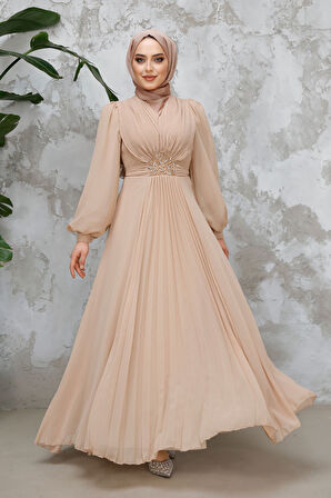 Drape Detaylı Bej Tesettür Abiye Elbise 4448BEJ
