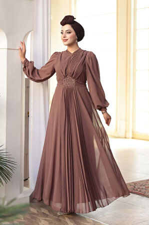 Drape Detaylı Çikolata Tesettür Abiye Elbise 4448CK