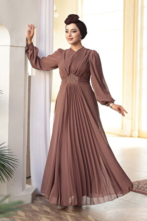 Drape Detaylı Çikolata Tesettür Abiye Elbise 4448CK