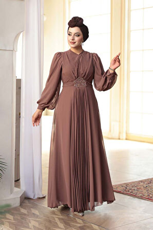 Drape Detaylı Çikolata Tesettür Abiye Elbise 4448CK