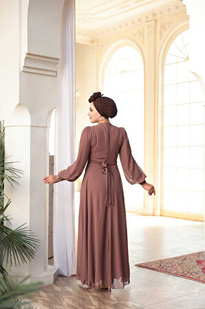 Drape Detaylı Çikolata Tesettür Abiye Elbise 4448CK