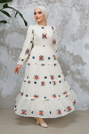 Nakış Desenli Ekru Tesettür Elbise 45541E