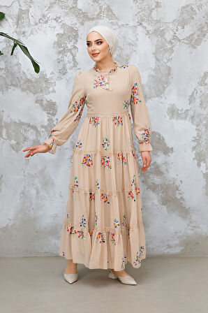 Çiçek Desenli Bej Tesettür Elbise 32815BEJ