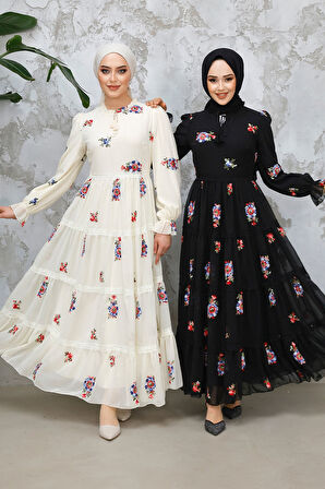 Çiçek Desenli Siyah Tesettür Elbise 32816S