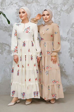 Çiçek Desenli Ekru Tesettür Elbise 32816E