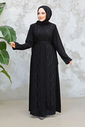 Boncuk İşlemeli Siyah Tesettür Abaya 29117S
