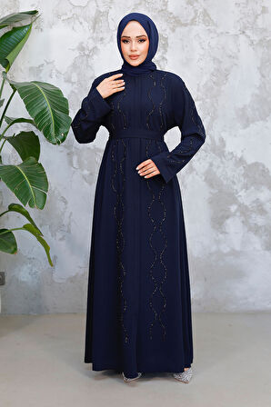 Boncuk İşlemeli Lacivert Tesettür Abaya 29117L