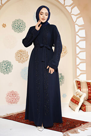 Boncuk İşlemeli Lacivert Tesettür Abaya 29118L