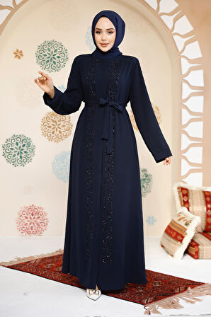 Boncuk İşlemeli Lacivert Tesettür Abaya 29118L