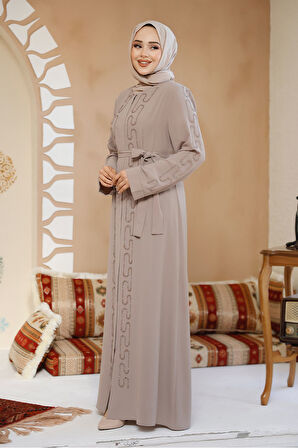 Boncuk İşlemeli Bej Tesettür Abaya 29118BEJ
