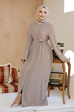 Boncuk İşlemeli Bej Tesettür Abaya 29118BEJ