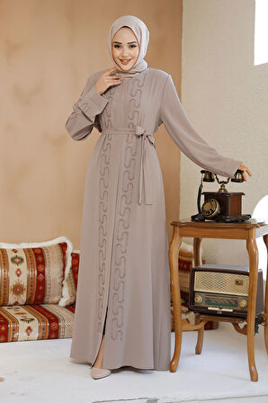 Boncuk İşlemeli Bej Tesettür Abaya 29118BEJ