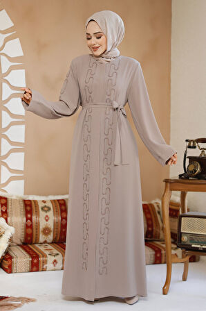 Boncuk İşlemeli Bej Tesettür Abaya 29118BEJ