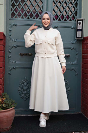 Düğmeli Ekru Tesettür Etekli İkili Takım 12261E