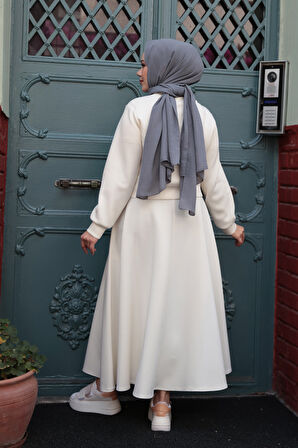 Düğmeli Ekru Tesettür Etekli İkili Takım 12261E