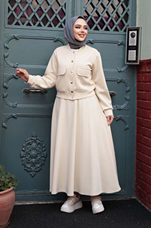 Düğmeli Taş Tesettür Etekli İkili Takım 12261TAS