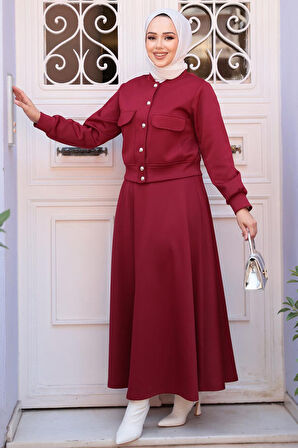 Düğmeli Bordo Tesettür Etekli İkili Takım 12261BR
