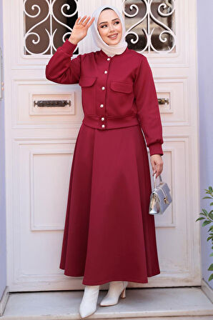 Düğmeli Bordo Tesettür Etekli İkili Takım 12261BR